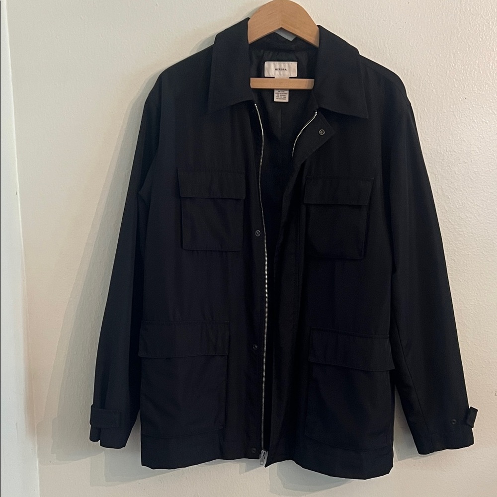 Merona Black Chore Utility Front Pickets Zip Rain Coat Military Jacket Medium